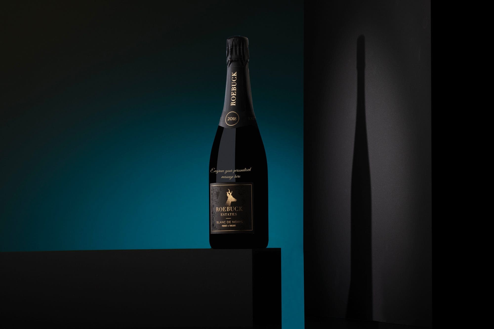 Bottle of Roebuck Blanc De Noirs engraved with a personalised message for gifting.